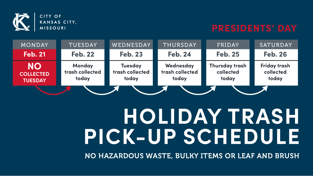FYI, #KansasCity! President's Day is next Monday (2/21). City offices will be closed and trash/recycling pick up will be delayed one day.  bit.ly/3rRN1EX