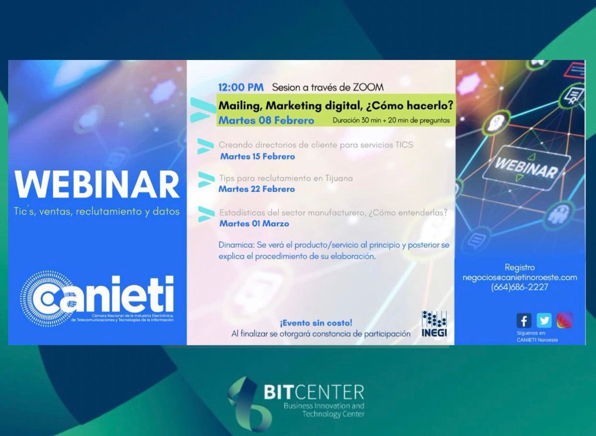 No te pierdas la gran oportunidad de asistir a este Webinar sin costo y obtén interesante información de expertos sobre #TIcs #Ventas #Reclutamineto y #Datos.
#Canieti Noroeste #INEGI