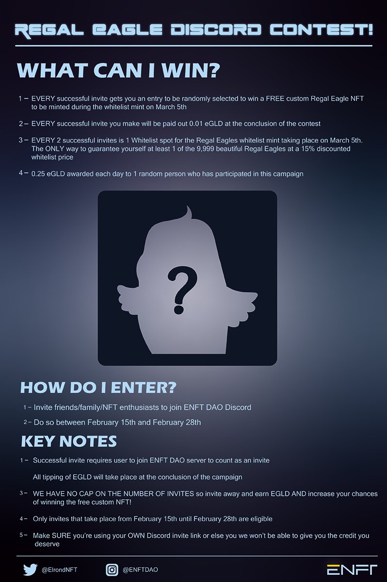 Hey $eGLD community! 

Do you want to win your own custom Regal Eagle? That's just one of the fun prizes we're giving out during our Regal Eagles Discord Contest! Check out the graphic below on what you can win AND earn!

discord.gg/xBh7dEEeBc

#ElrondNFT #NFTCommunity
