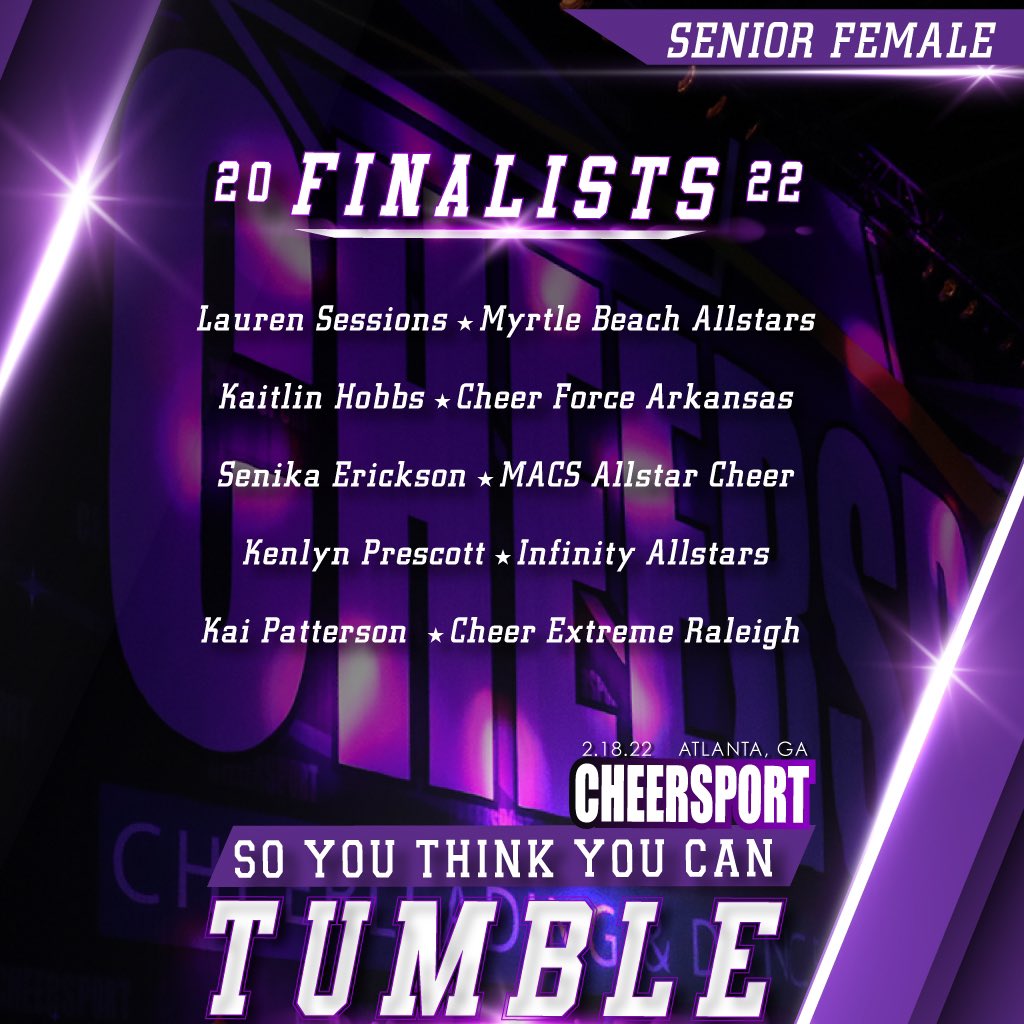 CHEERSPORTCorp's tweet image. We are excited to announce the 2️⃣0️⃣2️⃣2️⃣ SO YOU THINK YOU CAN TUMBLE FINALISTS! 💪
 
Join us on Friday in Arena B5 at 6:00 PM!  Finalists will perform 1 pass for a panel of judges that are looking at difficulty + technique. Winners will be announced following the performances.✨🤩