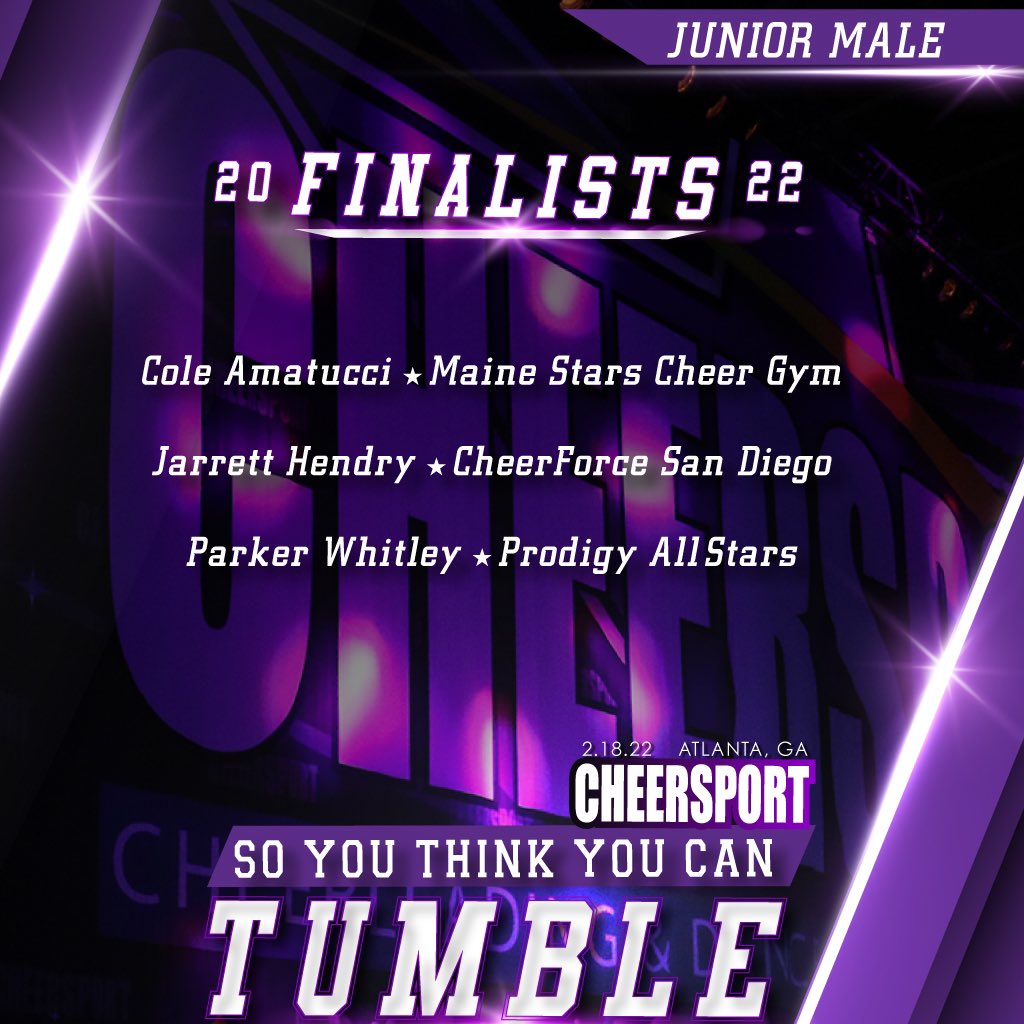 CHEERSPORTCorp's tweet image. We are excited to announce the 2️⃣0️⃣2️⃣2️⃣ SO YOU THINK YOU CAN TUMBLE FINALISTS! 💪
 
Join us on Friday in Arena B5 at 6:00 PM!  Finalists will perform 1 pass for a panel of judges that are looking at difficulty + technique. Winners will be announced following the performances.✨🤩