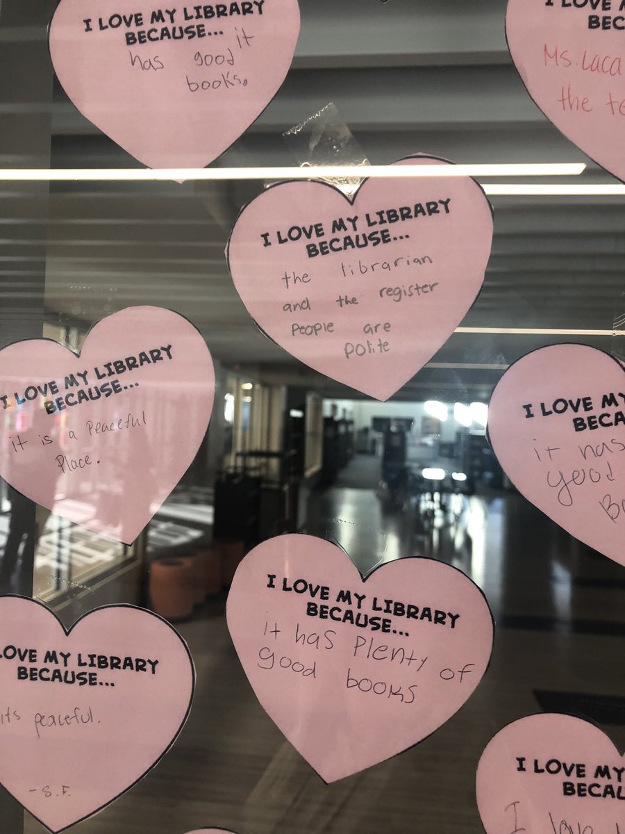 ReadAtTheViv's tweet photo. For Valentine’s Day, our students told us what they love about the library 💗 @vivianfieldms #RowTheBoatVF #CFBlibraries https://t.co/i5vPUYQ7tF