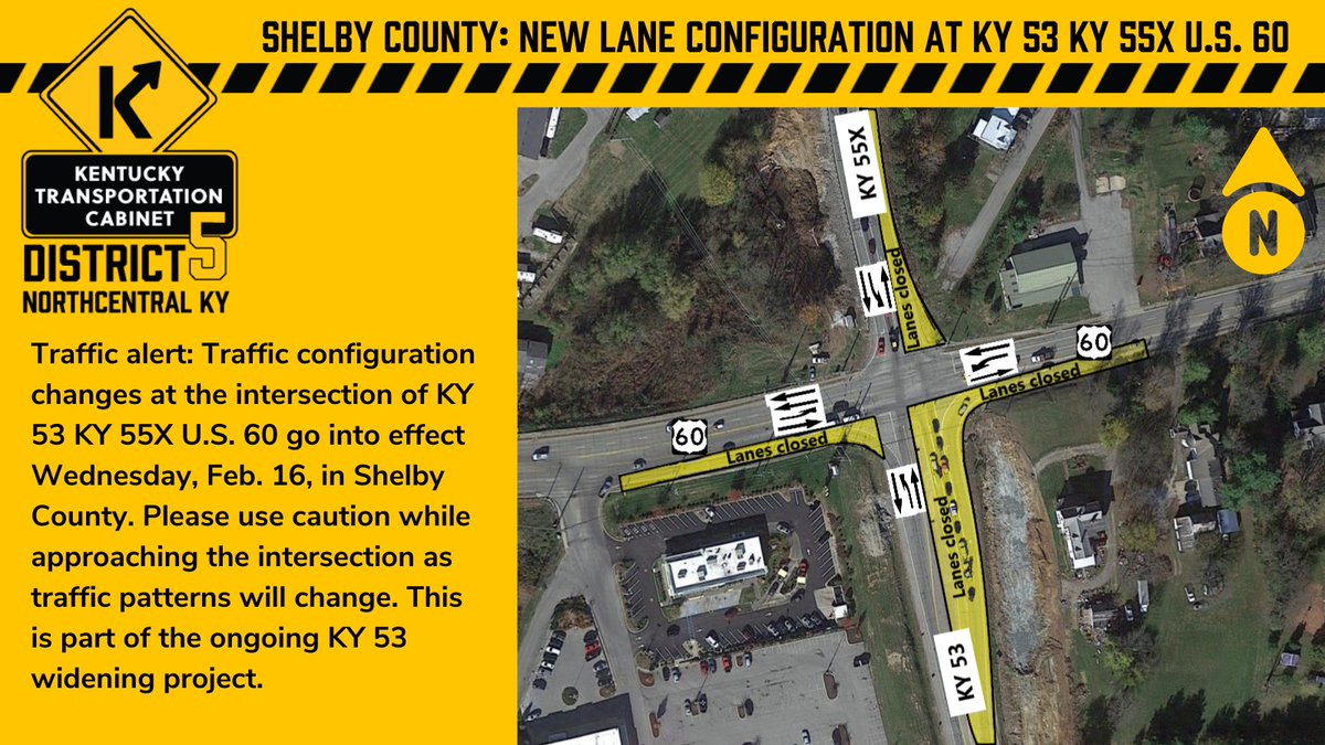 KYTCDistrict5 (@kytcdistrict5) on Twitter photo 🚨 Alert 🚨: Traffic 🚙🚗 configuration changes at the intersection of KY 53 KY 55X U.S. 60 go into effect Wed., Feb. 16, in Shelby County. <a href="/TRIMARCTraffic/">TRIMARC</a> #KnowBeforeYouGo <a href="/TheSentinelNews/">TheSentinelNews</a> <a href="/kystatepolice/">KY State Police</a> 🚨 Alert 🚨: Traffic 🚙🚗 configuration changes at the intersection of KY 53 KY 55X U.S. 60 go into effect Wed., Feb. 16, in Shelby County. <a href="/TRIMARCTraffic/">TRIMARC</a> #KnowBeforeYouGo <a href="/TheSentinelNews/">TheSentinelNews</a> <a href="/kystatepolice/">KY State Police</a>