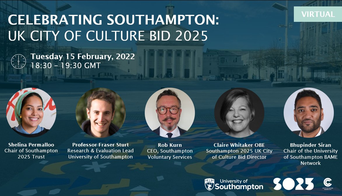 Just an HOUR to go until our Celebrating Southampton: UK City of Culture Bid 2025 event. Tonight at 18:30

You can watch the lecture via the following link: bit.ly/3I4IZhO 

#MakeItSO #Southampton2025 #UKCityofCulture2025