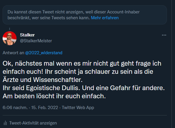 Sobald du diesen Leuten bei #DieMaskeMussWeg nicht zustimmst wirst du gleich blockiert! Ich bleibe dabei, alles Egoistische Volldullis