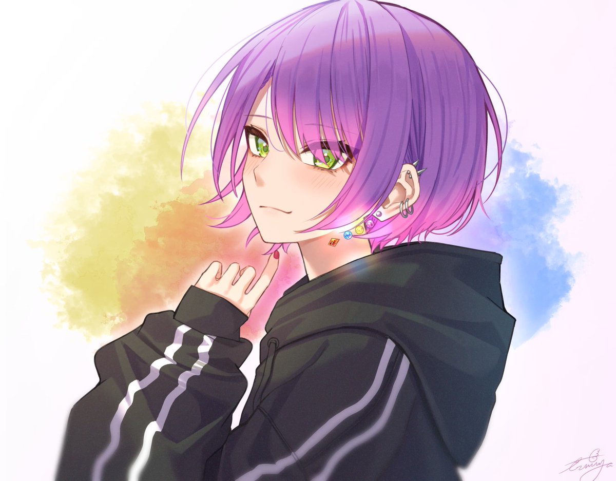tokoyami towa 1girl solo green eyes purple hair hood earrings short hair  illustration images