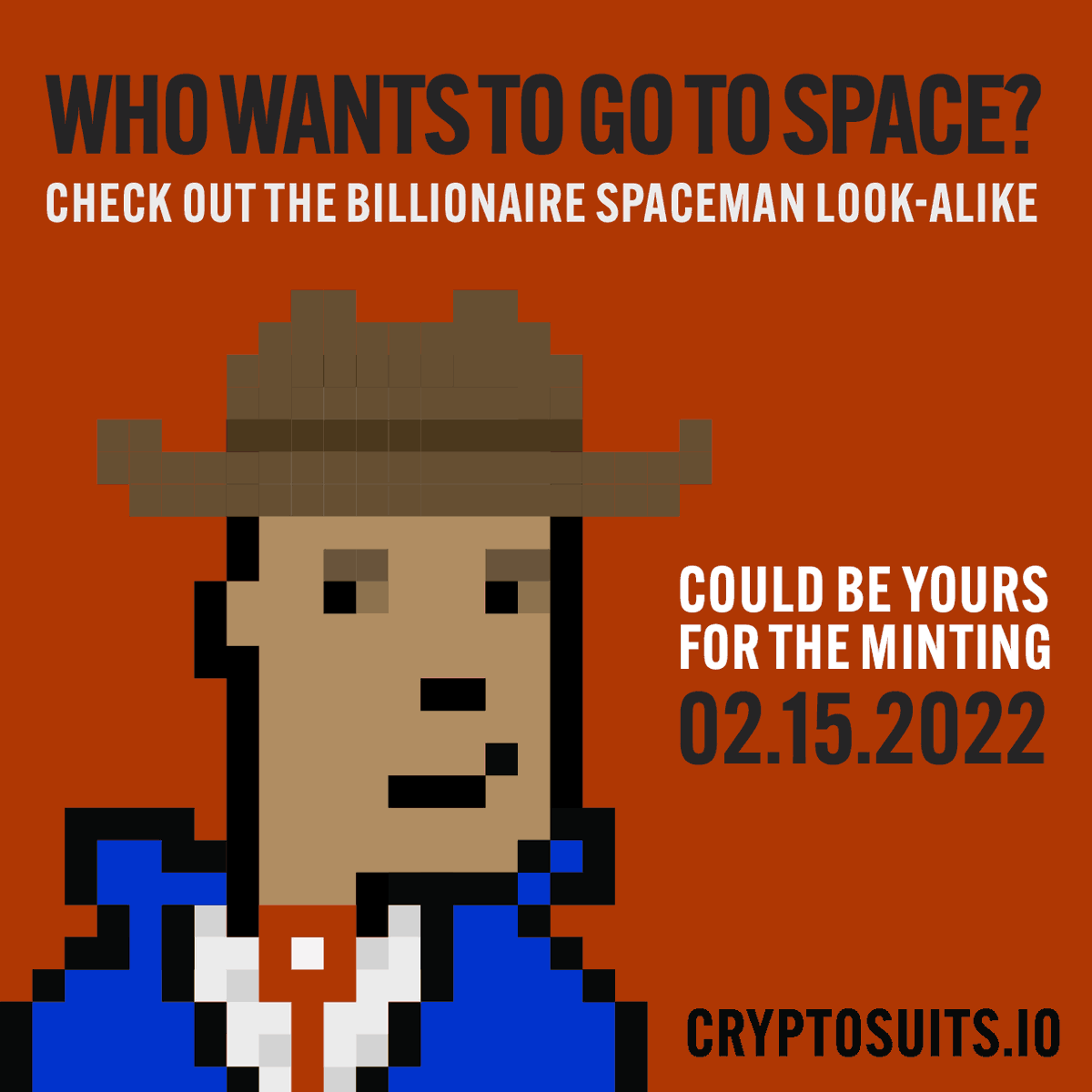 cryptosuits's tweet image. MINTING TODAY... Don't miss out! 🗓 TUESDAY, FEBRUARY 15th • 2PM EST 👉 cryptosuits.io 👈

#NFT #NFTdrop #NFTGame #NFTartist  #CryptoSuits #CryptoPunks #altpunk #cryptocurrency  #BTC #ETH #NFTGiveaway  #business #passiveincome #investing #money #stocks #bezos #amazon
