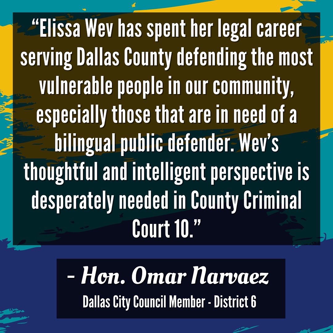 wevforjudge's tweet photo. 🚨 Endorsement Alert 🚨

Honored to receive an endorsement from another great leader here in Dallas! Thank you to Dallas D6 City Council Member @VoteOmarNarvaez for joining Team Wev in our work to bring #anewgenerationforjustice to our courts! 🎉 https://t.co/y0saqzKraB