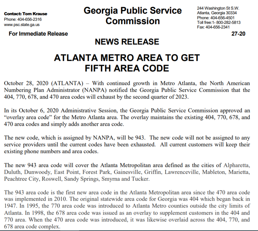 rahulbali's tweet photo. WELCOME TO THE 943

On March 15th, the Atlanta metro gets its fifth area code, 943.

It is the first new phone area code since 2010, when 470 kicked in.

Here is the 2020 Georgia Public Service Commission press release announcing the new area code. #gapol https://t.co/JxUfp6CFhu