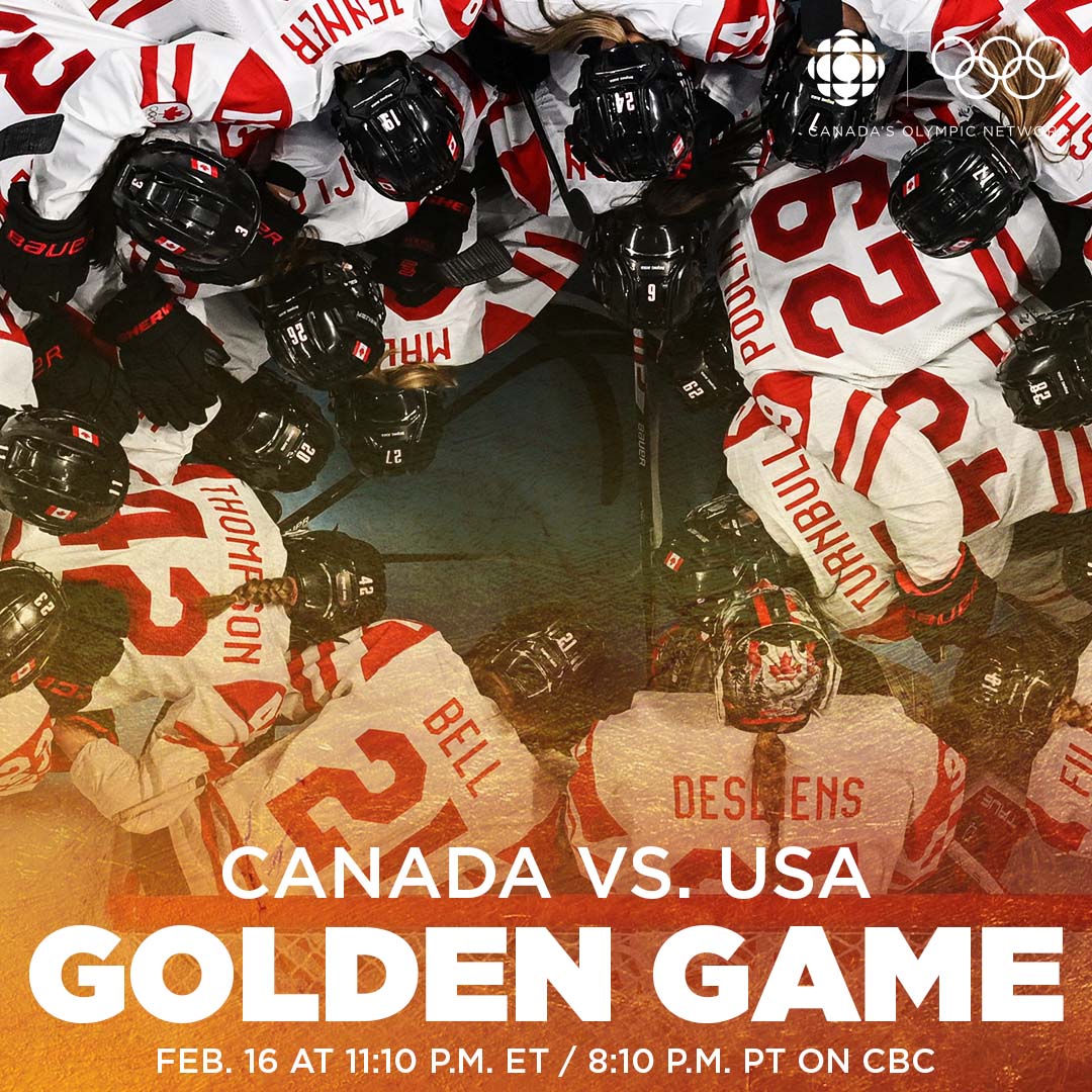 CBCOlympics's tweet photo. More than just gold on the line with this one 🇨🇦🇺🇸

Canada will take on the USA tomorrow night at 11 p.m. ET/8 p.m. ET in the gold medal game 🥇 https://t.co/8Ww3OneQ2u