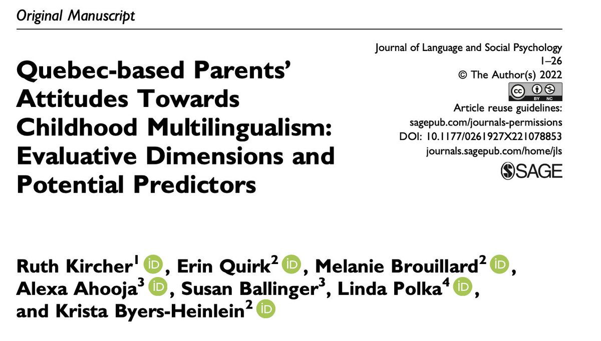 New paper out on #attitudes towards childhood #multilingualism! We asked two RQs: 
RQ1. Do these attitudes constitute a unitary factor or do they have different evaluative dimensions? 
RQ2. What variables constitute potential predictors? 
doi.org/10.1177/026192… 🧵(1/4)