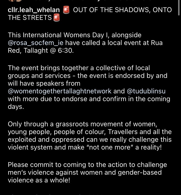 🚨OUT OF THE SHADOWS, ONTO THE STREETS!🚨

Join us in Tallaght, Rua Red @ 6:30 March 8th to challenge men’s violence against women, and gender-based violence as a whole! 

#IWD2022
#EndGenderViolence
#NotOnMore
