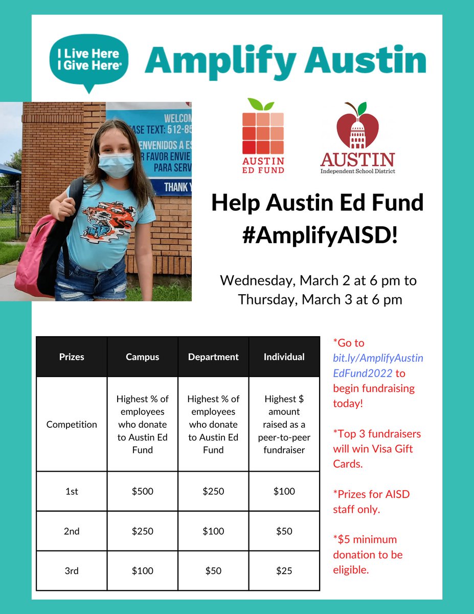 Austin Ed Fund (@austinedfund) on Twitter photo Be sure to read yesterday’s #PrincipalsWeekly about how <a href="/AustinISD/">Austin ISD</a> teachers and staff can win <a href="/Visa/">Visa</a> Gift Cards for fundraising on behalf of <a href="/AustinEdFund/">Austin Ed Fund</a> during <a href="/ILH_IGH/">I Live Here I Give Here</a> #AmplifyATX this year! Get started today at bit.ly/AmplifyAustinE…. Be sure to read yesterday’s #PrincipalsWeekly about how <a href="/AustinISD/">Austin ISD</a> teachers and staff can win <a href="/Visa/">Visa</a> Gift Cards for fundraising on behalf of <a href="/AustinEdFund/">Austin Ed Fund</a> during <a href="/ILH_IGH/">I Live Here I Give Here</a> #AmplifyATX this year! Get started today at bit.ly/AmplifyAustinE….
