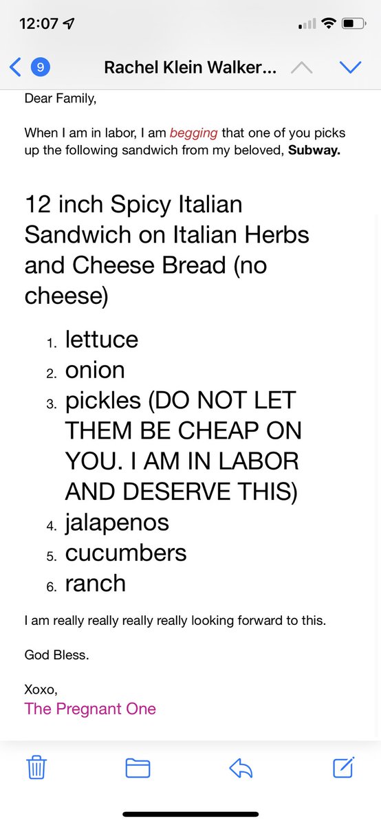 rayalexk's tweet photo. Sent my family my @SUBWAY order three months in advance of my due date. This will be the first thing I eat after giving birth and I am so excited to be reunited with my favorite sandwich. https://t.co/w9u72PGTba