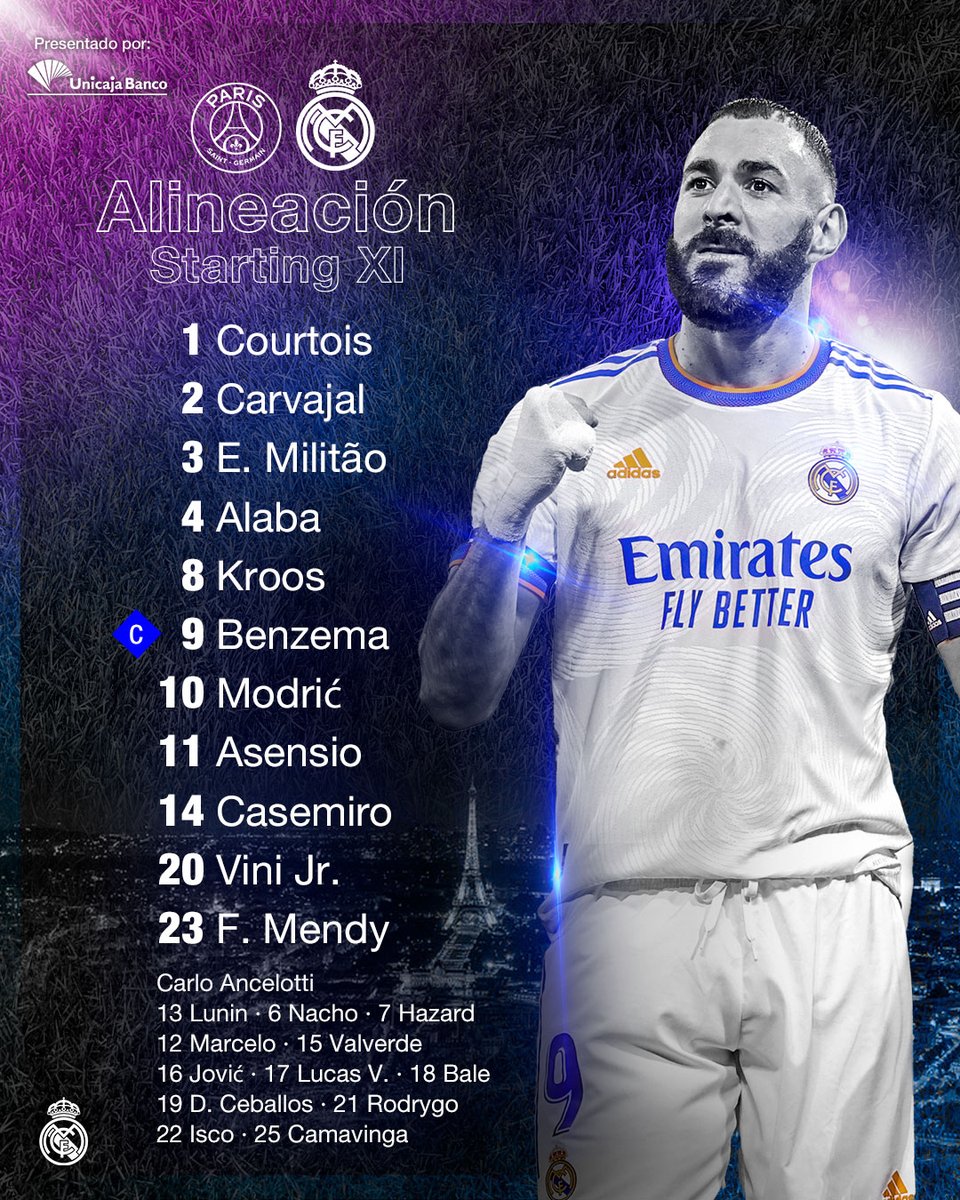realmadrid's tweet photo. 📋✅ ¡Nuestro 𝗫𝗜 inicial 🆚 @PSG_espanol! 
@UnicajaBanco | #UCL https://t.co/jwwCt5y781