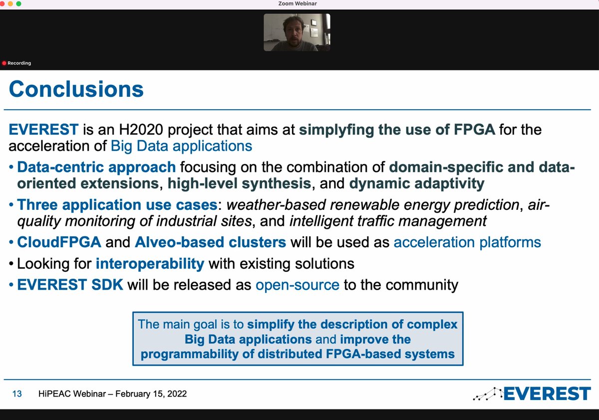 hipeac's tweet photo. ๐๏ธKicking off the @project_everest webinar on platforms for extreme-scale #DataAnalytics, @pilato_chris shows how the technologies power #RenewableEnergy, #AirQuality and #TrafficModelling use cases
๐https://t.co/FTJC86FaRA
#HiPEACWinterScience
#HPC #FPGA https://t.co/EJpm3JTsK9