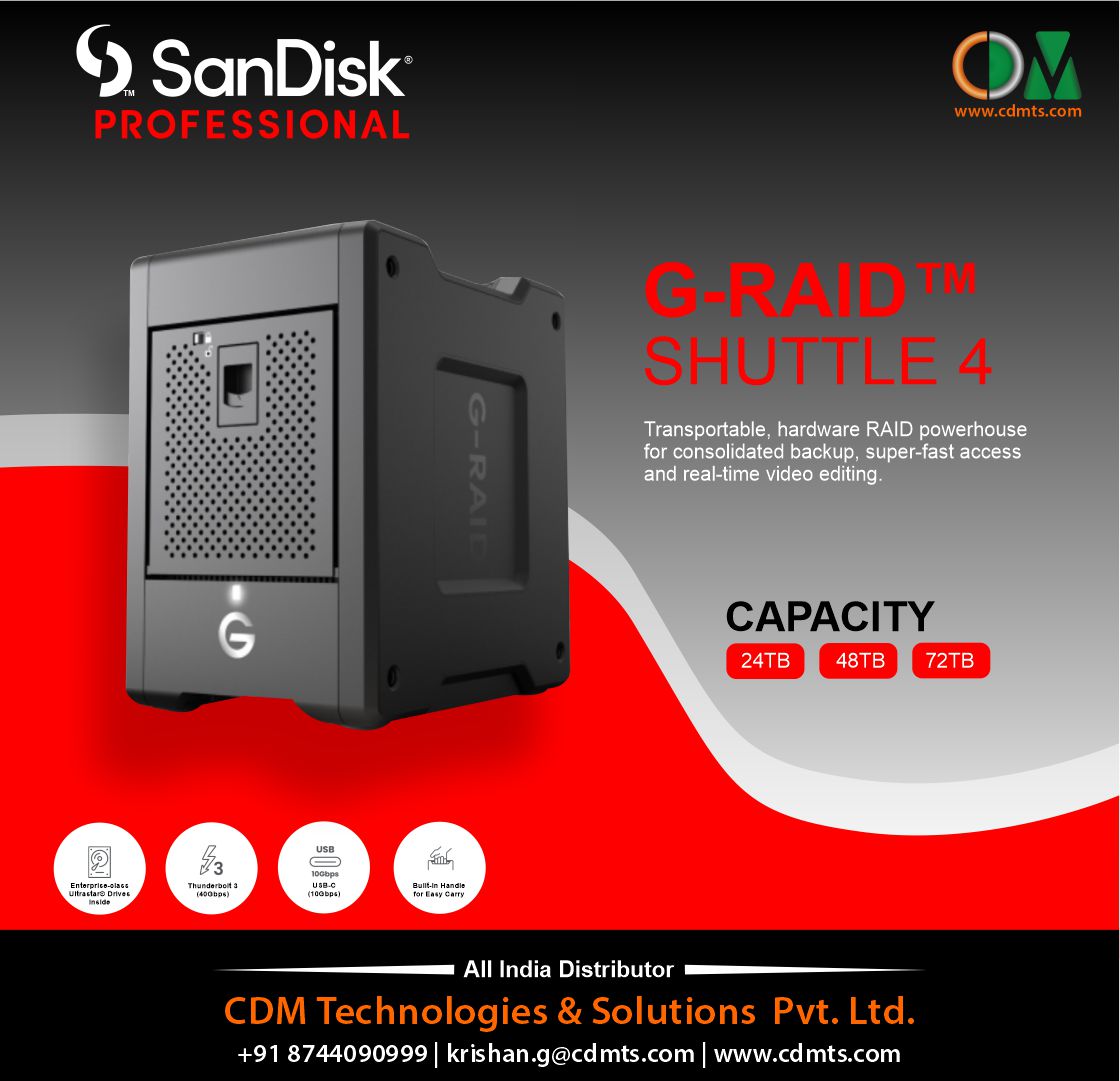 CDMTS's tweet photo. G-RAID™
SHUTTLE 4
Transportable, hardware RAID powerhouse for consolidated backup, super-fast access and real-time video editing.
CAPACITY
24TB 48TB 72TB
#storagedrives #Gtech #4K #HDMI #USBC #Thunderbolt3 #HDD #4TB #6TB #12TB #gdrive #SanDisk #sandiskpro https://t.co/41bzvVzPbd
