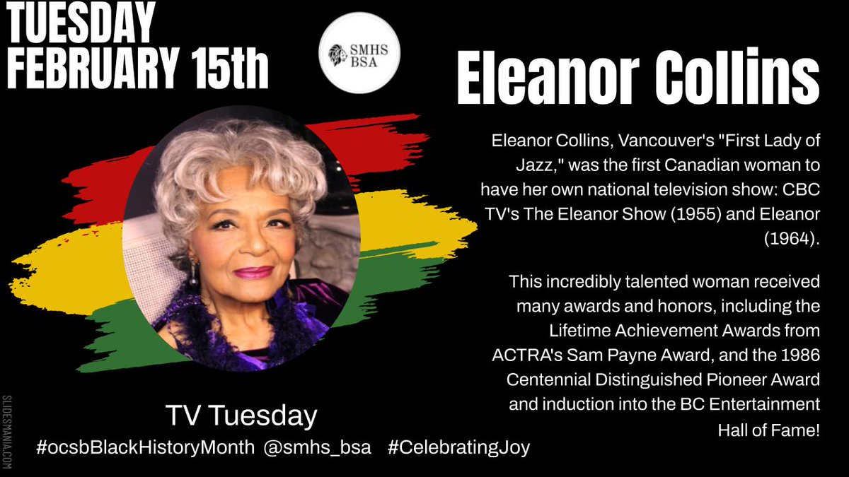 For today's <a href="/StMarkOCSB/">St. Mark High School</a> BSA, the theme is TV Tuesday - thank you Eleanor Collins for blazing a trail on Canadian screens #ocsbBlackHistoryMonth