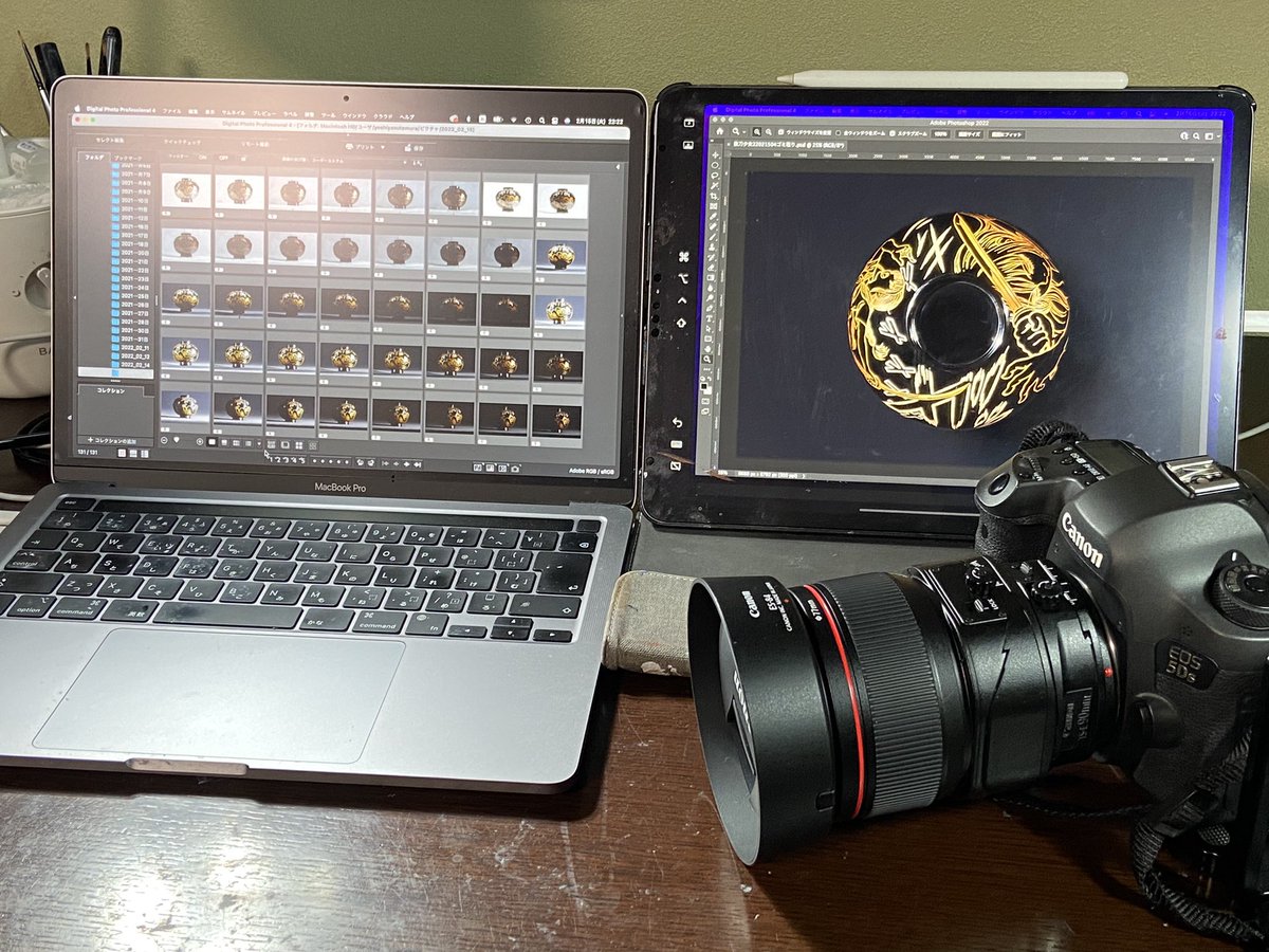 CanonEOS5DsにTS-E90mmF2.8Lmacro、13inchM1MacBookProにiPad proを液タブとして接続しphotoshopで編集しましたがめっちゃ便利だし楽しくて驚きました
ハイライトや逆光をコントロールするのはほぼデッサンですね
ホント手探りでしたが勉強になりました
先人達の漆の作品集が教科書でした有り難い✨☺️ 