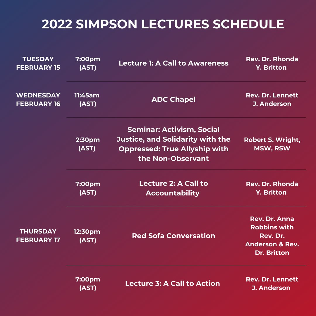 acadiadiv's tweet photo. The Simpson Lectures 2022  with @therealLJA &amp; @csbcrev start tonight at 7pm 🎉 
Watch the live stream via our website, FB, or Youtube. We'll be live-Tweeting here, too! #Simpson2022
To participate in Chapel &amp; seminar on Weds, register for the Zoom links: https://t.co/tEcyfMStXb https://t.co/9tn9RtKI2Q