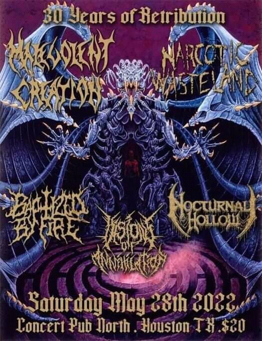 #EventosInternacionales

La banda Venezolana <a href="/NocturnalHollow/">Nocturnal Hollow</a> nuevamente en medio de gran cartel internacional 

Esta vez junto a las bandas <a href="/malevolentcreat/">Malevolent Creation</a> / #NarcoticWasteland

Mayo 28 2022. Houston / Usa