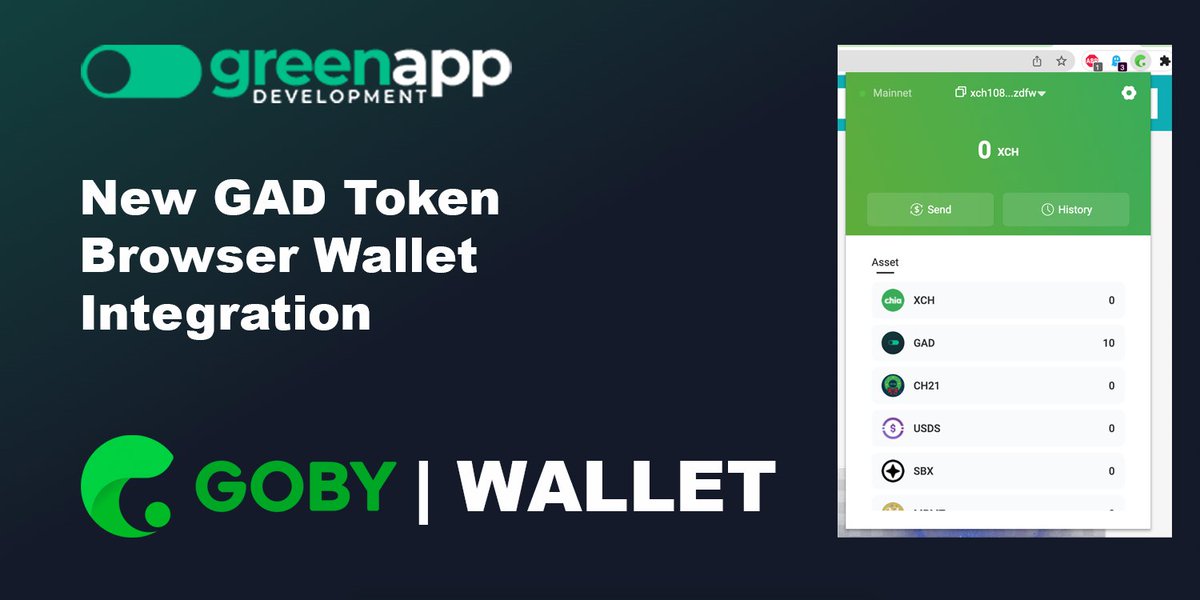 Green App Development $GAD is now listed among the known assets of Goby extension wallet.

💻 Chrome extension for PC users: bit.ly/3uRDUWt

Subscribe to our partners 👇🏻
<a href="/goby_app/">Goby🌱</a> <a href="/chia_project/">Chia Network</a> <a href="/chivesxcc/">Official Chives XCC</a> 

#GAD #goby #chia #chives #Airdrops #airdropalert