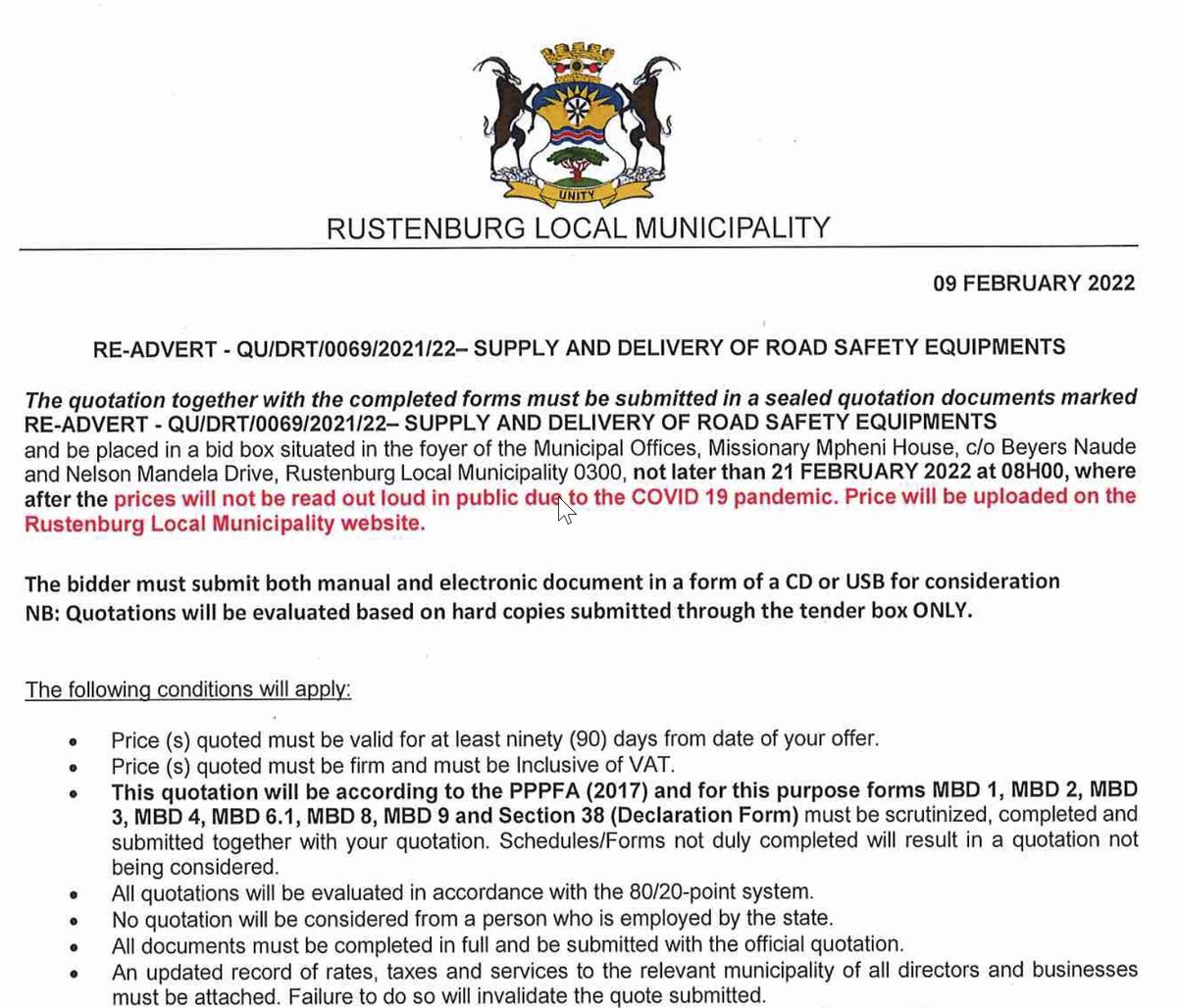 MunicipalNotice's tweet photo. Re-advertised RFQ at Rustenburg: road safety equipment https://t.co/gIWB3N61wd #RustenburgNotice https://t.co/pqcBAn0eiR