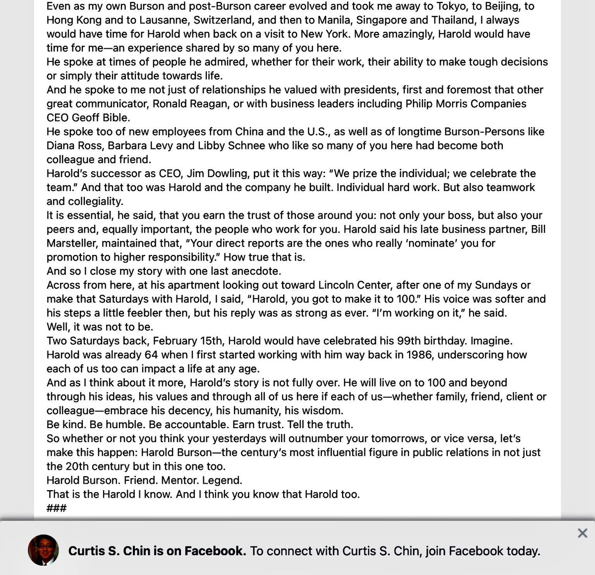 #OnThisDay, #BornThisDay: one one for the ages. His wisdom &amp; memory live on.

#Remembrance.
Harold Burson—#Feb15, 1921-Jan. 10, 2020.

My remarks at #HaroldBurson’s Memorial Service at Lincoln Center. facebook.com/16017107432137…

#BursonPersons @BCWGlobal <a href="/WPP/">WPP</a> <a href="/PRSA/">PRSA</a> <a href="/PRNews/">PRNEWS</a>