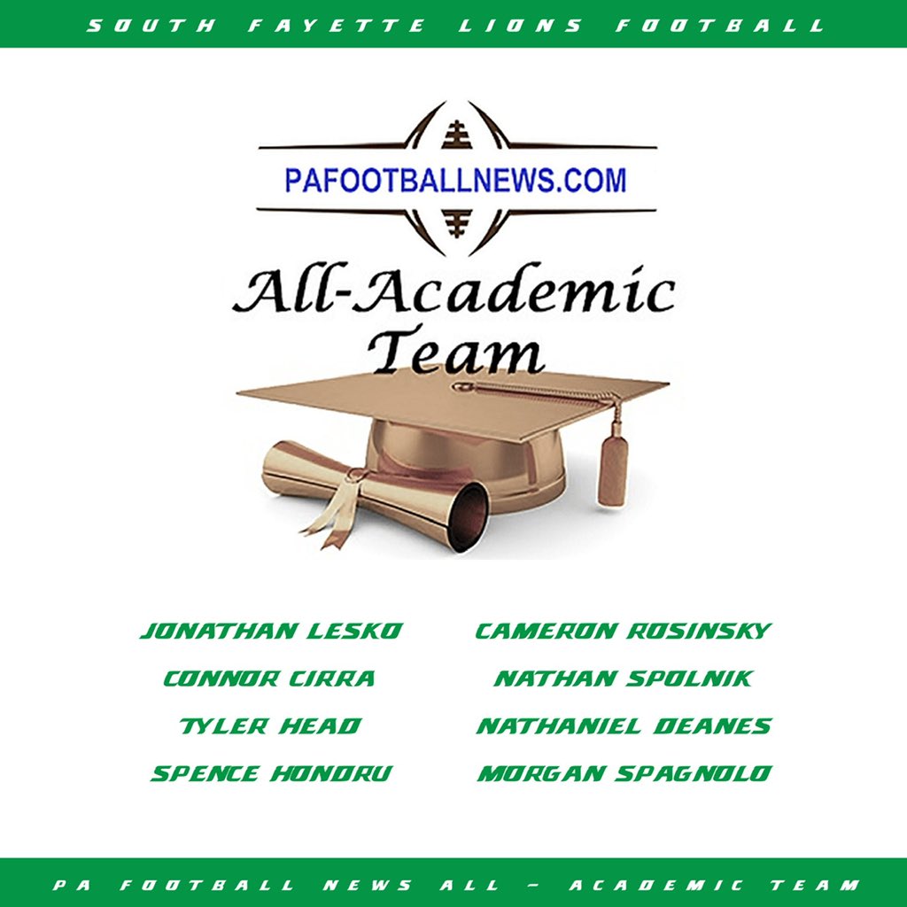 Congrats to the following South Fayette Football players who were named to the <a href="/PaFootballNews/">Pennsylvania Football News</a> All-Academic Team. 
True student athletes! 
Gold-4.0+
Silver-3.5-3.99
Bronze-3.0-3.49
#AllHeart💚🤍