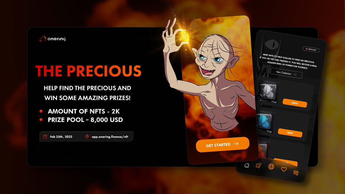 Onering_Tools's tweet photo. 💫 Ringers!

BIG NEWS! Our Genesis NFT drop is happening very soon with insane partners and prizes to win!

💍 THE PRECIOUS
⏰ 00:00am 25th Feb
📍 https://t.co/C7sTncRDzo
⛓ Fantom Opera
💰 FTM

More in-depth info: https://t.co/k8Tu8n5e7i

#NFT #DeFi #OneRing https://t.co/wmE97uuhkC