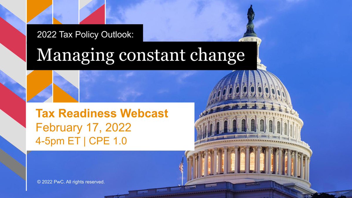 One you won't want to miss! Join me and a few of our policy specialists as we dig into the analysis of PwC’s 2022 Tax Policy Outlook. Register here: pwc.to/2LEhNyk