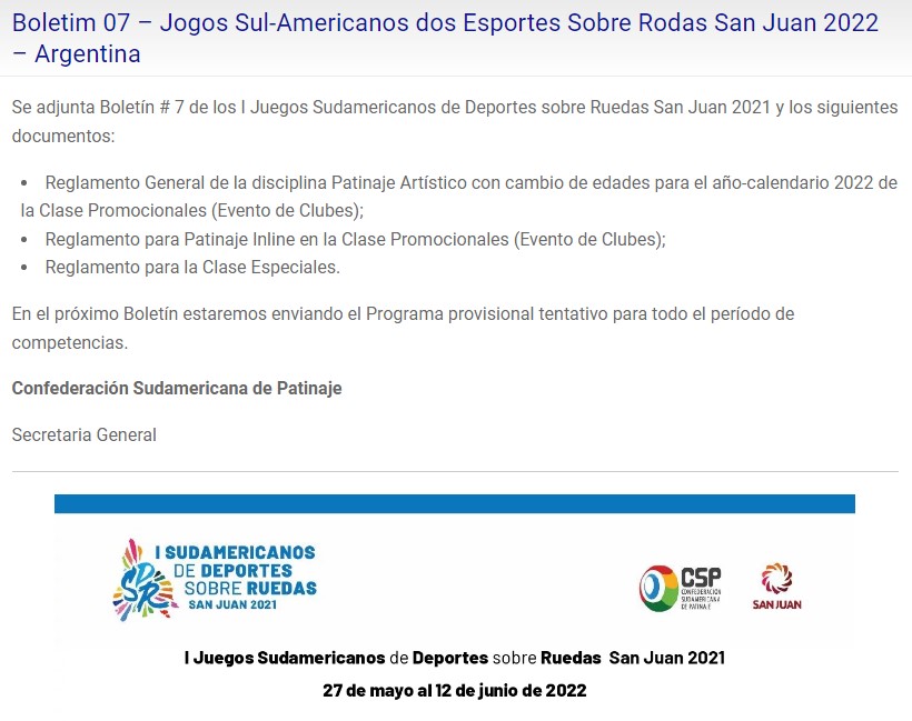 Boletín Informativo # 7: I Juegos Sudamericanos de Deportes sobre Ruedas San Juan 2021

sudamericanos2021.com/boletines-ofic…