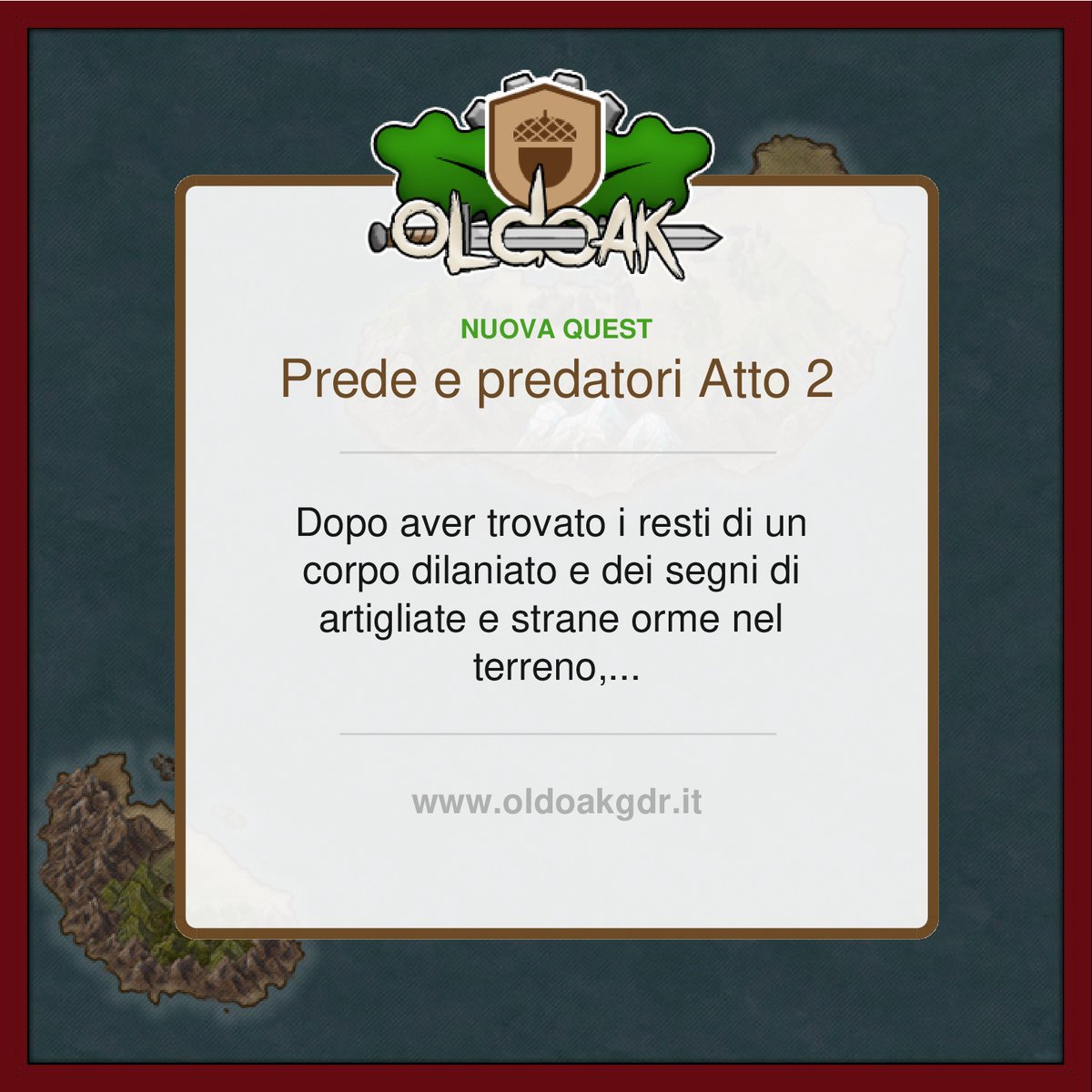 OldOakGDR's tweet photo. Nuova #quest alle ore 15:06: Prede e predatori Atto 2 - Dopo aver trovato i resti di un corpo dilaniato e dei segni di artigliate e strane orme nel terreno, si ritorna sul luogo alla ricerca della causa di tale evento
#gdr #fantasy #quest https://t.co/HalLDjcJyX https://t.co/SoeLCr02Nj