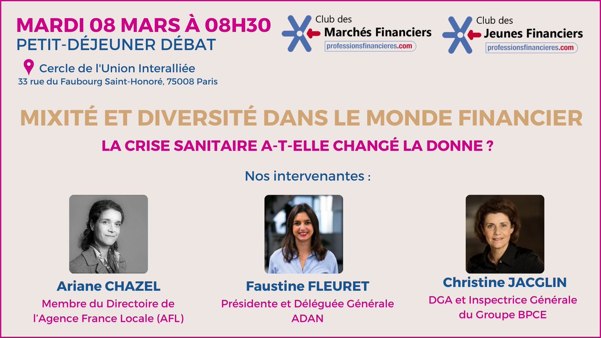 ♀️ Mardi 8 mars, rejoignez-nous lors de notre petit-déjeuner débat sur la #mixité et la #diversité dans le secteur #financier: la crise sanitaire a-t-elle changé la donne ?
▶️Inscriptions: bit.ly/3reJNLg
@AgenceFRLocale <a href="/faufleuret/">Faustine Fleuret</a> <a href="/adan_asso/">Adan</a> <a href="/GroupeBPCE/">Groupe BPCE</a> <a href="/RegulationPartn/">Regulation_Partners</a>