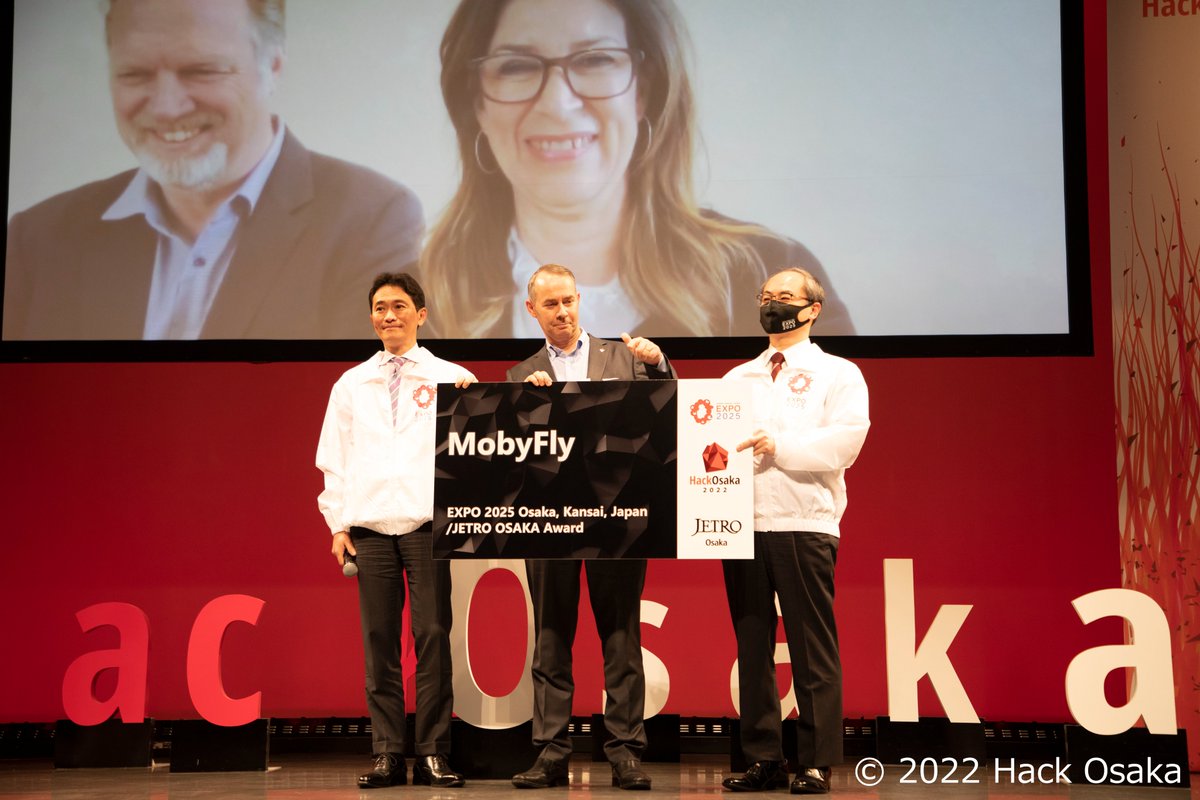 expo2025japan's tweet photo. ”#HackOsaka”- the annual global innovation conference.
On Feb. 10, it was held online.
#Expo2025 Osaka, Kansai, Japan/JETRO OSAKA Award
To #MobyFly
Congratulations on winning the award!
We look forward that your project in Osaka/Kansai will make great success! https://t.co/YrszCEyKtG