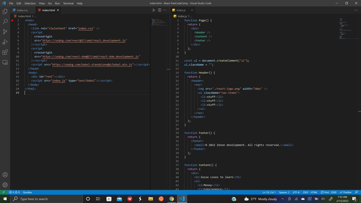 JesseZenon's tweet photo. Day 91/100 (part  dos) new ReactJS course (reiterating the basics ) #freeCodeCamp #ReactJS
  #100daysofcodechallenge #100DaysOfCode https://t.co/dVfppRBCAd