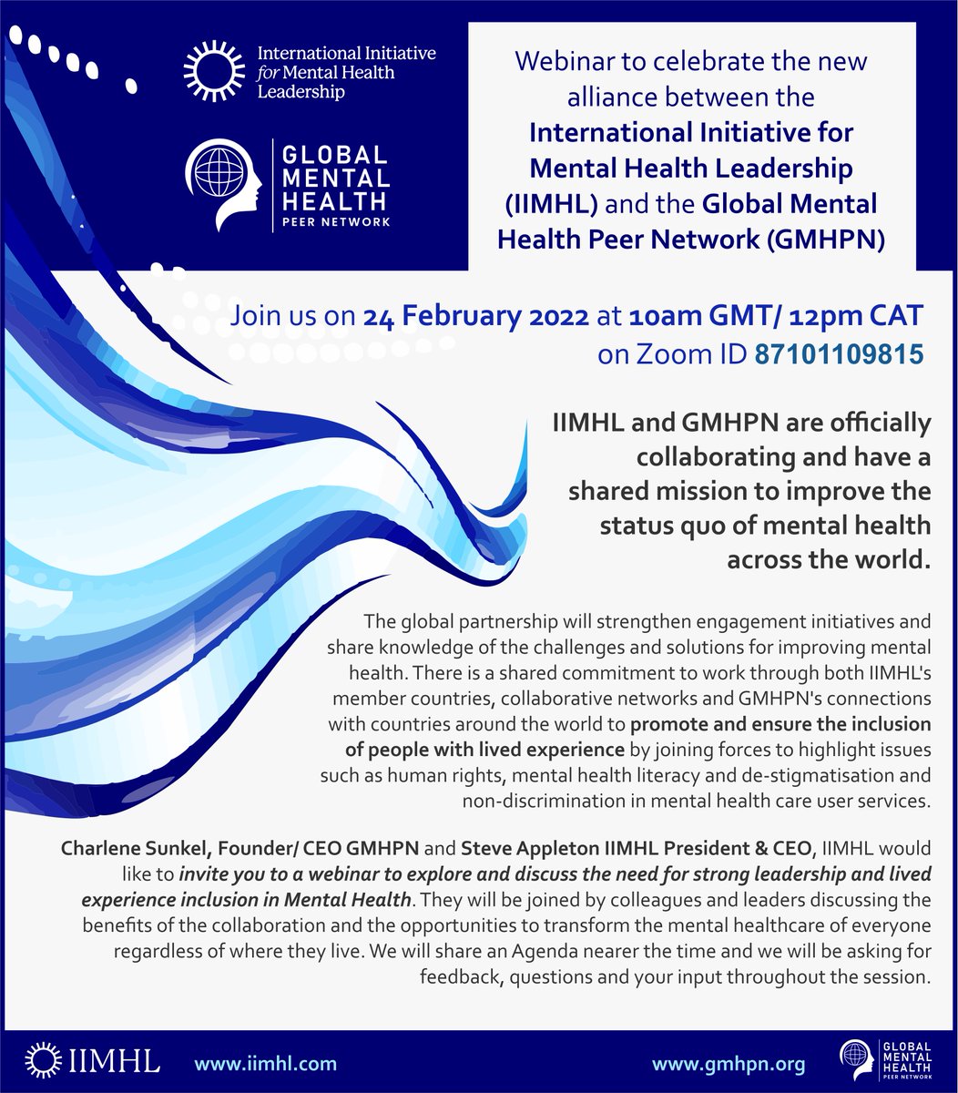IIMHL (@iimhl) on Twitter photo We are celebrating another exciting partnership, with the @global_peer! Join @CharleneSunkel & our CEO <a href="/SJAppletonCEO/">Steve Appleton</a> at a webinar on 24th Feb to discuss the need for strong leadership & lived experience inclusion. All details below! #mentalhealth bit.ly/3LAkNGt We are celebrating another exciting partnership, with the @global_peer! Join @CharleneSunkel & our CEO <a href="/SJAppletonCEO/">Steve Appleton</a> at a webinar on 24th Feb to discuss the need for strong leadership & lived experience inclusion. All details below! #mentalhealth bit.ly/3LAkNGt