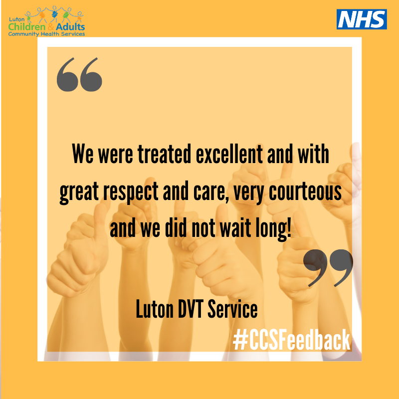 LutonCommNHS's tweet photo. Big thumbs up to our Luton DVT Service for taking such great care of our clients. #CCSFeedback #Luton https://t.co/mfW2NrXG7w