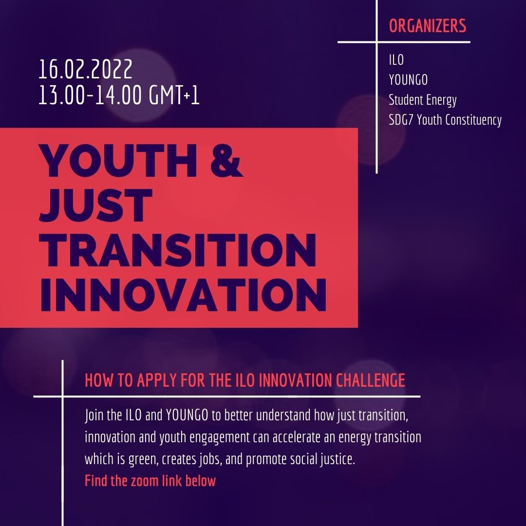 BettyGold19's tweet photo. Join me Wednesday with, @ILO @IYCM @studentenergy &amp; @Sdg7YouthI. It's all about  youth-led innovations in the energy sector.⚡How do we promote green jobs &amp; social justice as we transition to future sustainable energy systems?💡 #JETChallenge
Register on https://t.co/zNgdhmM2E3 https://t.co/rDjjhsZYHM