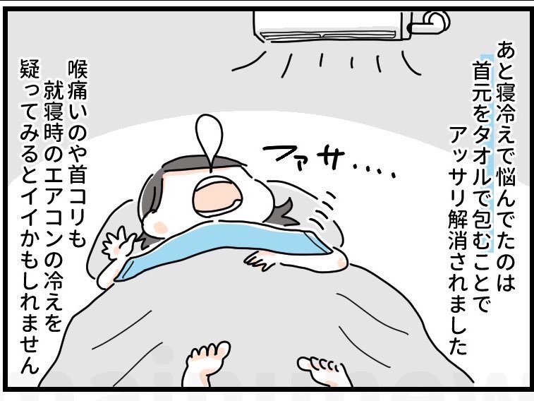 夏はエアコンで、冬は冷えた空気と乾燥で年中のどが痛くなったり咳が出たりしてたけど、首元にタオルファッサーしはじめてからマジでずっと調子がいい。風邪ひくのも激減してる。