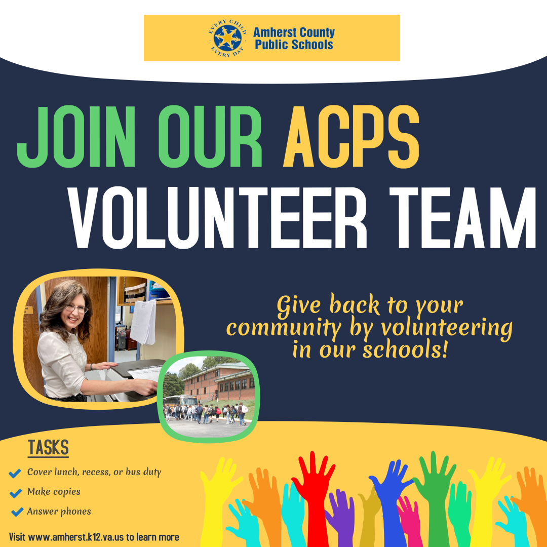 ACHSLancers's tweet photo. The Amherst County Public Schools Volunteer Program is a community based volunteer program that allows community members the opportunity to give back to their school community. Visit our website for more information: https://t.co/qbFczLZoxo
#ACPStribe https://t.co/ePaLikjgzy