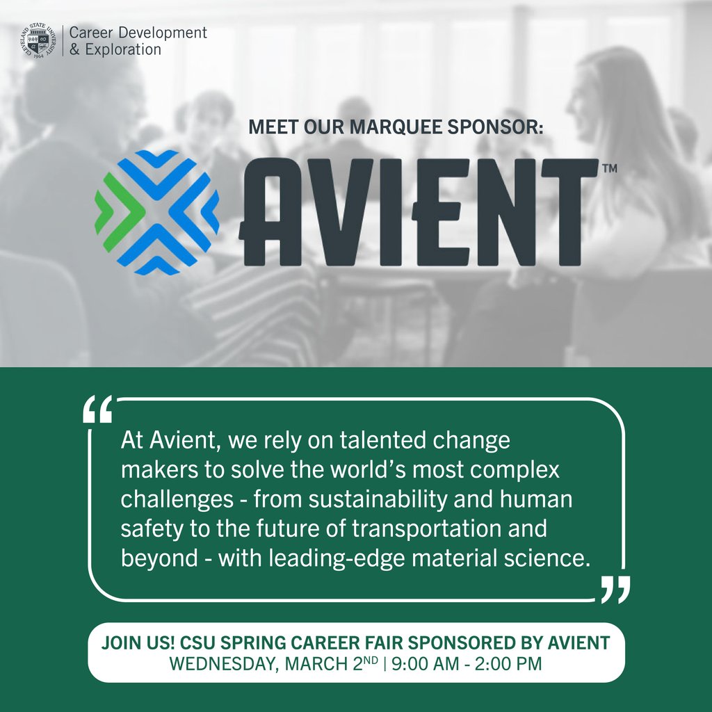 CSU_Careers's tweet photo. Have you met our Marquee sponsor, Avient? Check out Avient’s job opportunities on Handshake and join us for the CSU Spring Career Fair on Wednesday, March 2! Register here: https://t.co/kIAFAdkySN https://t.co/idYMbTNNxt