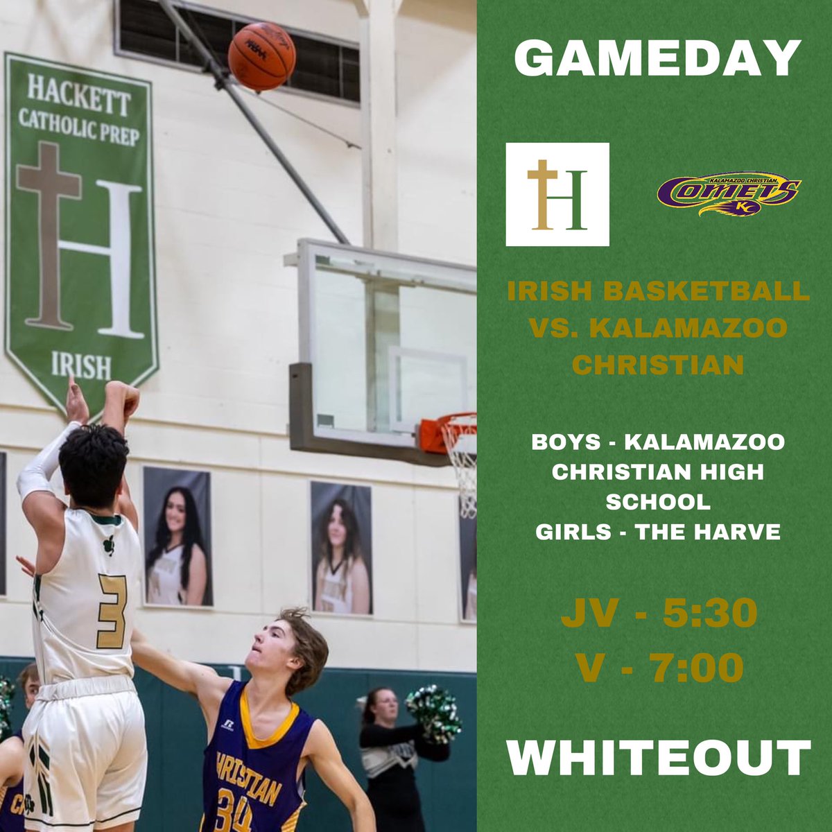 HCPIrishSports's tweet photo. Itβs RIVALRY NIGHT tonight for the Irish against Kalamazoo Christian. The boys are away, and the girls play at The Harve. #BeatTheComets @HCPGirlsHoops @HCPBoysHoops @Patrick_Nothaft @sacsportsnewsMI https://t.co/ky0tWhMC1m