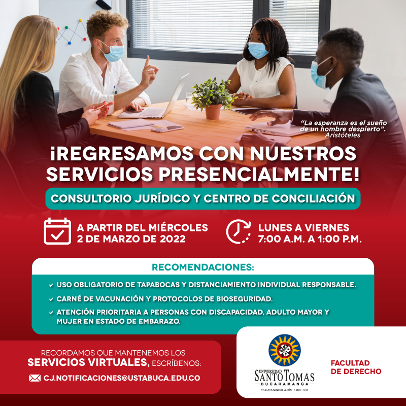 SANTOTOBGA's tweet photo. ¡Regresan a la PRESENCIALIDAD!
El Consultorio Jurídico y Centro de Conciliación 🧑‍⚖️
Desde el próximo miércoles 2 de marzo de 2022 🥳
Lunes a viernes → 7:00 a.m. a 1:00 p.m. 

Escríbenos CJ.NOTIFICACIONES@USTABUCA.EDU.CO

#VolvemosALaSantoto 💚 https://t.co/0ywFGbvKvl