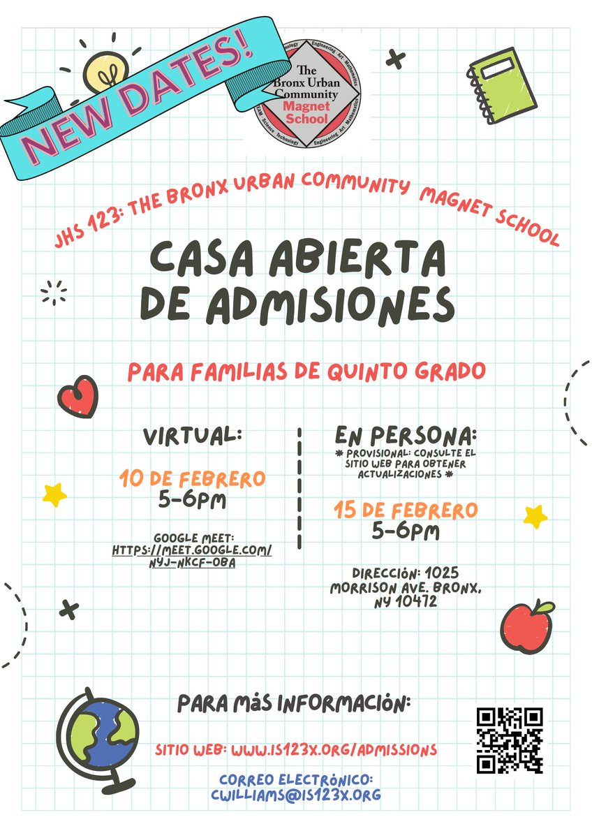 Last Chance! Our final admissions open house of the season is TONIGHT at JHS 123! See flyer for address. *Must bring proof of vaccination.* See you there! Middle School applications are due 3/1.