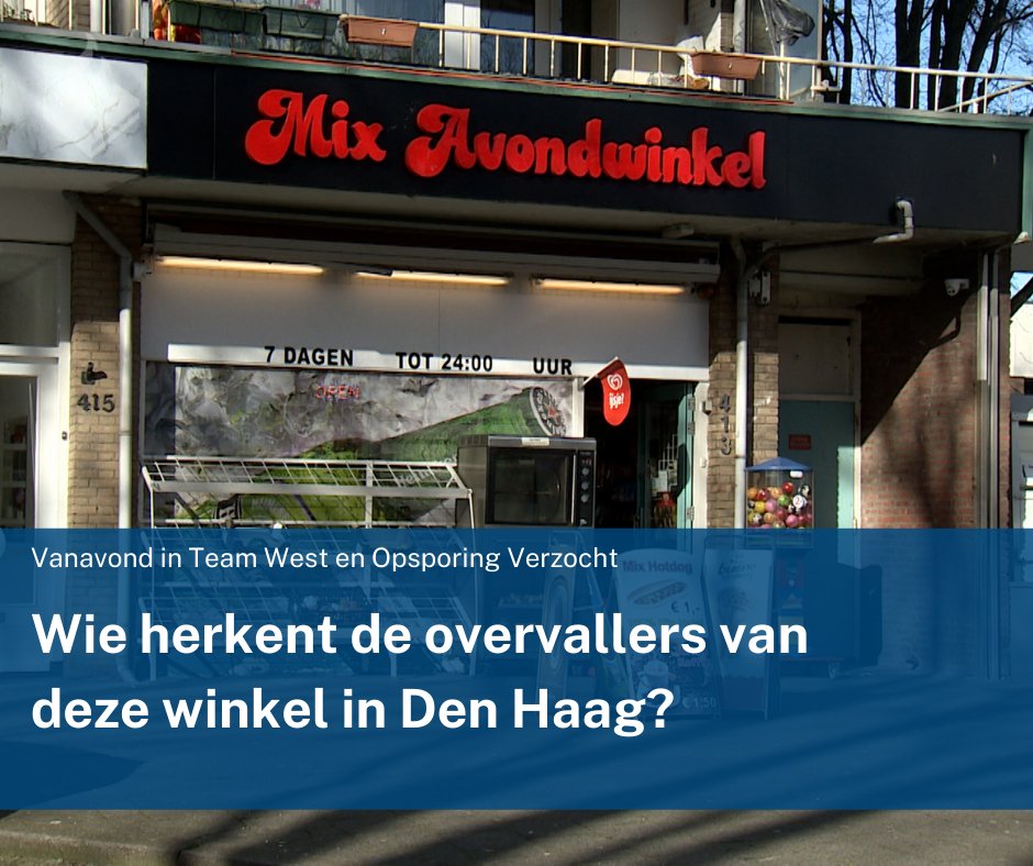 Vanavond in <a href="/teamwest_tv/">Team West</a>: Een gewapende overval op een supermarkt in Den Haag. We laten beelden zien van de overvallers.  Vanavond in <a href="/opsporing_tv/">Opsporing Verzocht</a>  hebben we beelden van parfum dieven. Herken jij ze? Bel onze tiplijn: 0800-6070.
politie.nl/nieuws/2022/fe…