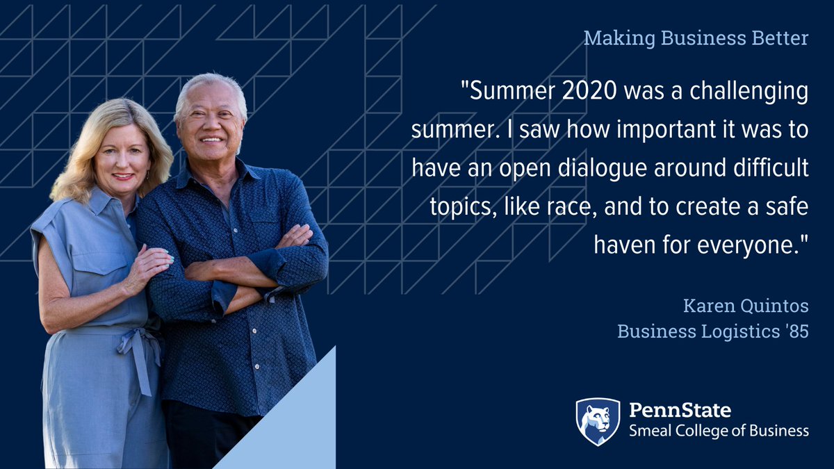 Karen Quintos (with her husband Tony), a Smeal alumna, former chief customer officer, and current vice chair of the Smeal Board of Visitors, talks about Smeal's diversity training. Read more: ow.ly/PmoO50GOTgf. #SmealBusinessPartners