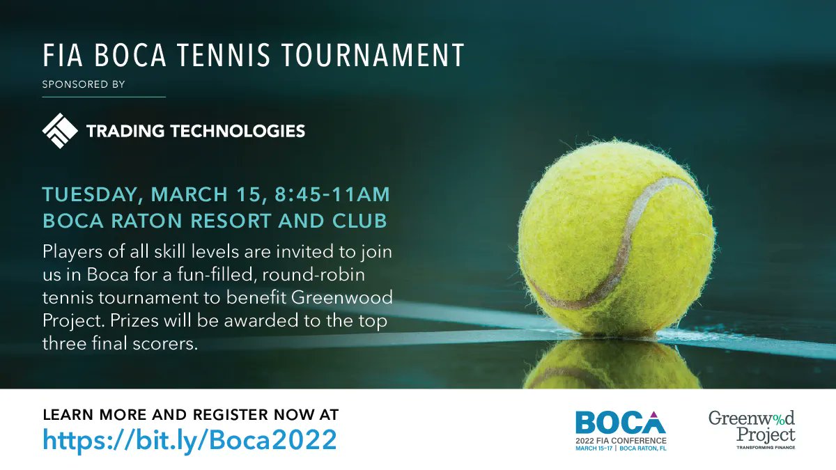 Trading_Tech's tweet image. Join us March 15th on the tennis courts at #FIABoca for a good cause. Register for our @FIAconnect round-robin tournament to help raise money for @greenwoodprochi. Players of all skill levels are welcome, and prizes will be awarded. fia.org/events/fia-boc…