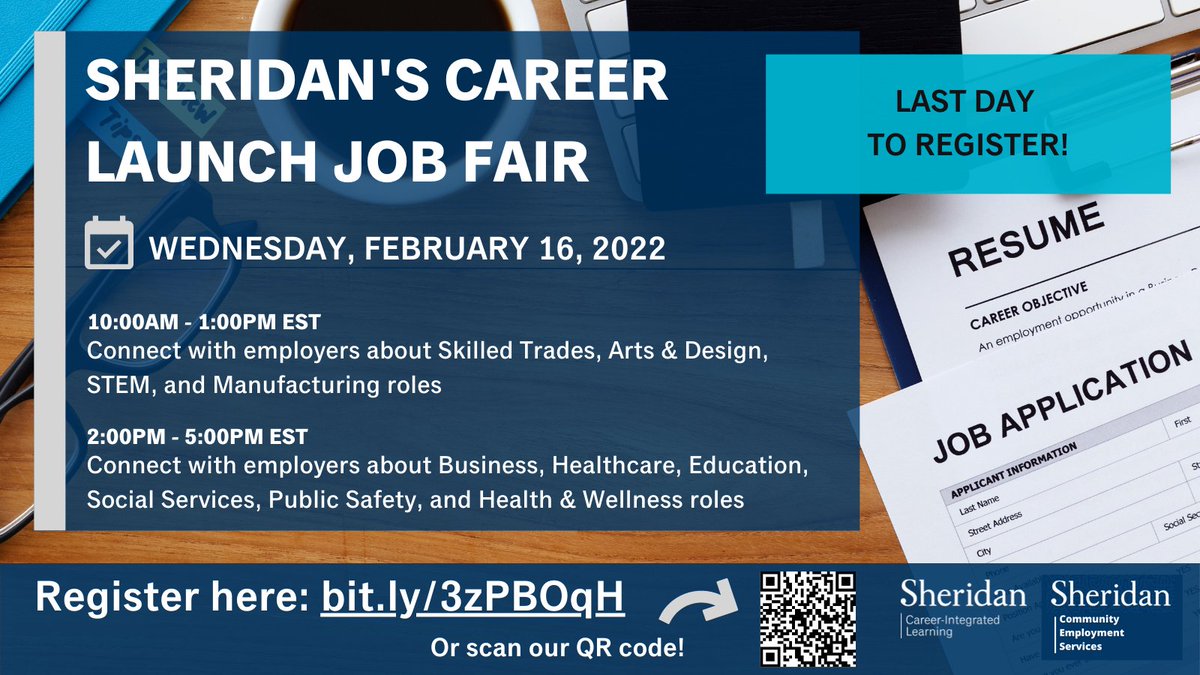 Last day to register for Sheridan's Career Launch Job Fair!    

We have 80 employers hiring for a variety of roles, including part-time and summer, co-op, new grad, and more!  

Click here for more info: bit.ly/3zPBOqH     

#SheridanCareerLaunch #SheridanWorks