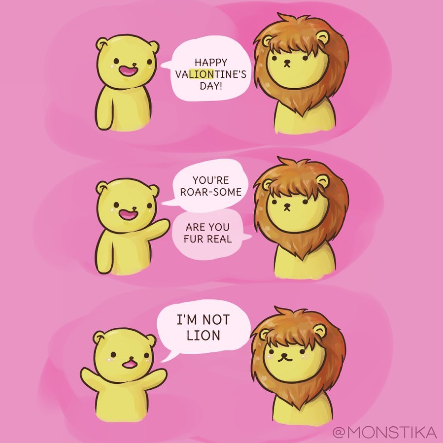 Monstika's tweet photo. Happy VaLIONtine's day 🦁
 #ValentinesDay2022 #puns #terriblepuns #valiontines #comics https://t.co/KWZJOQHsc4